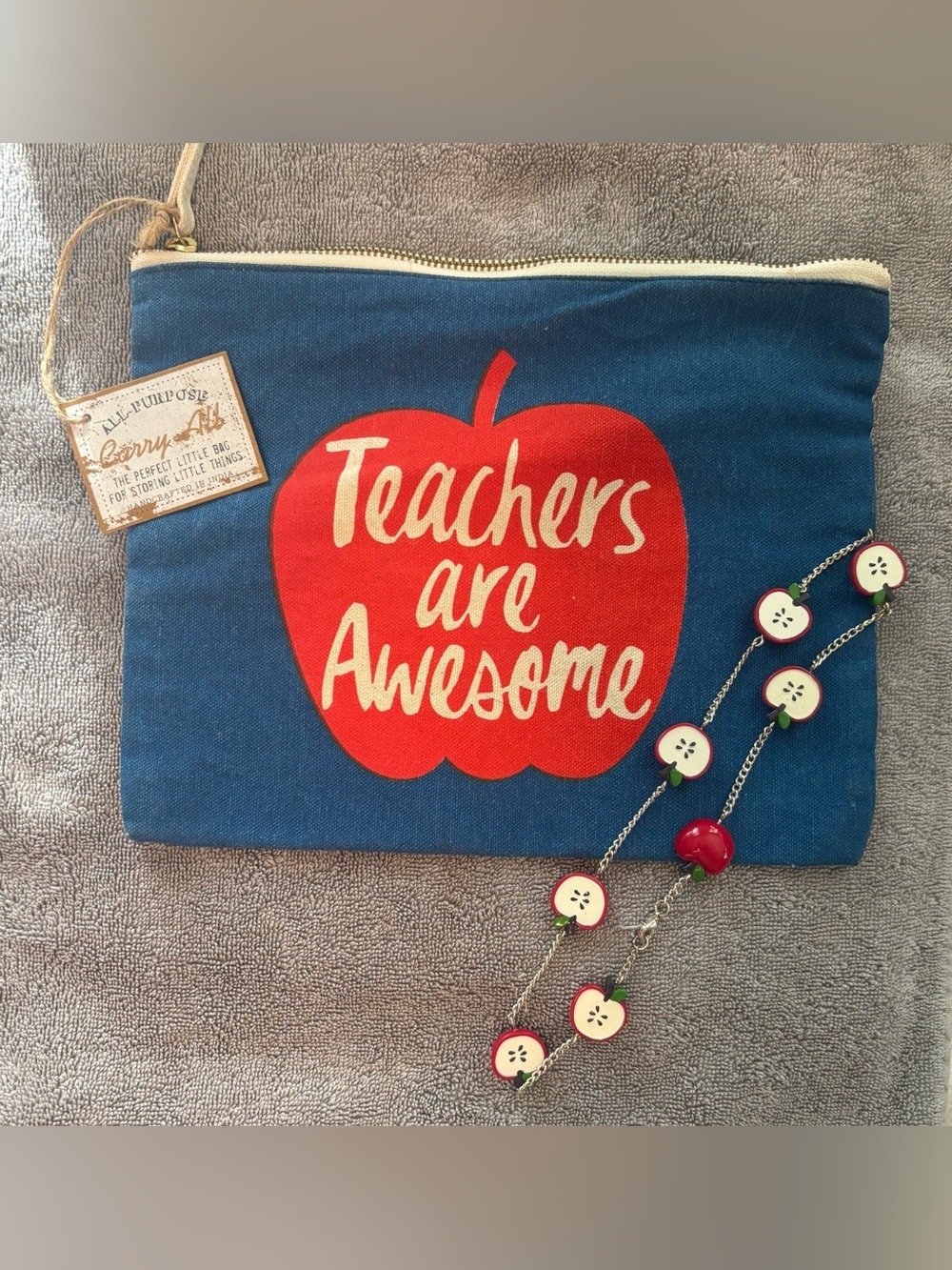 Teacher Apple Necklace and Canvas Zip Top Pouch Bag Carry All